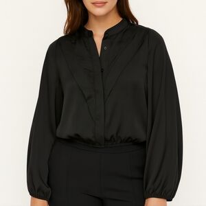 NWOT Les Compelli France Satin Black Button-Up Blouse